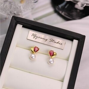 Gold and Red Heart Freshwater Pearl Earrings